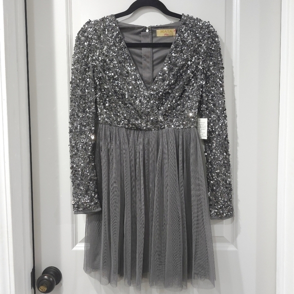 MAYA Embellished Beaded Long Sleeve Surplice Bridesmaid Mini Dress, Tulle Skirt - Picture 3 of 16